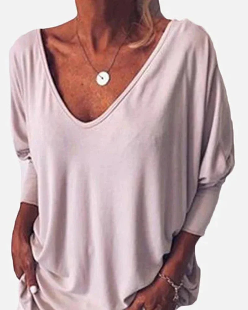 Top de cuello en V con botones en la espalda, mangas 3/4