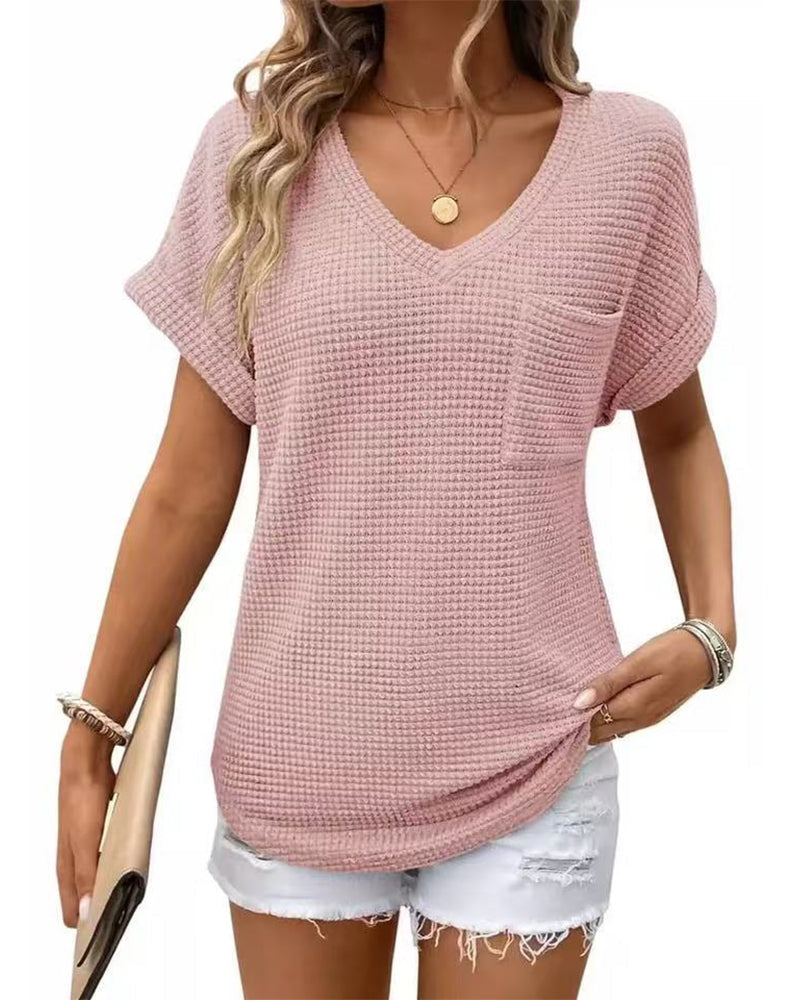 Camiseta para mujer de punto texturizado con escote en V, casual, verano