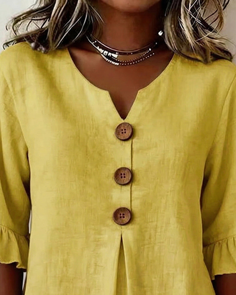 Blusas lisas de algodón-lino con botones de madera y volantes