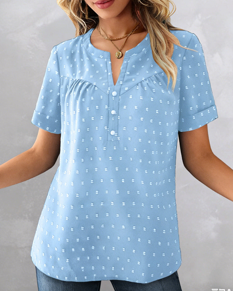 Blusa jacquard con cuello en V y tapeta parcial de manga corta
