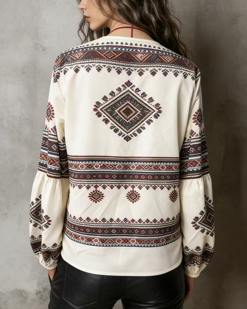 Blusa étnica geométrica estampada con manga farol