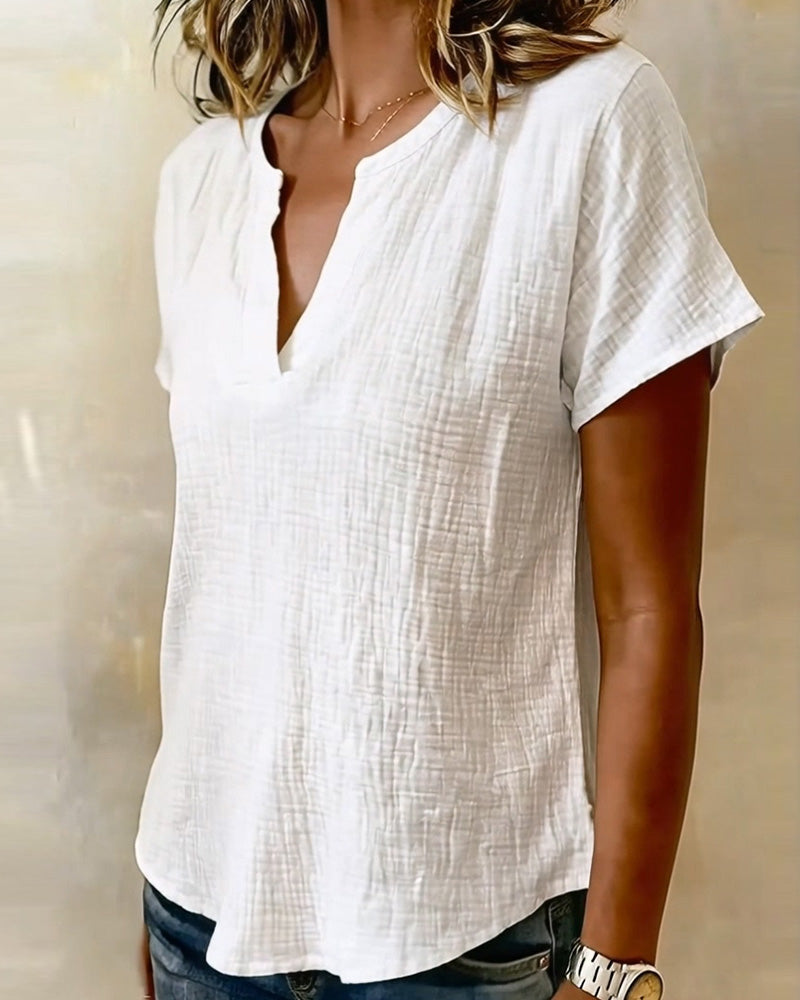 Blusa de escote en V lisa de mangas cortas