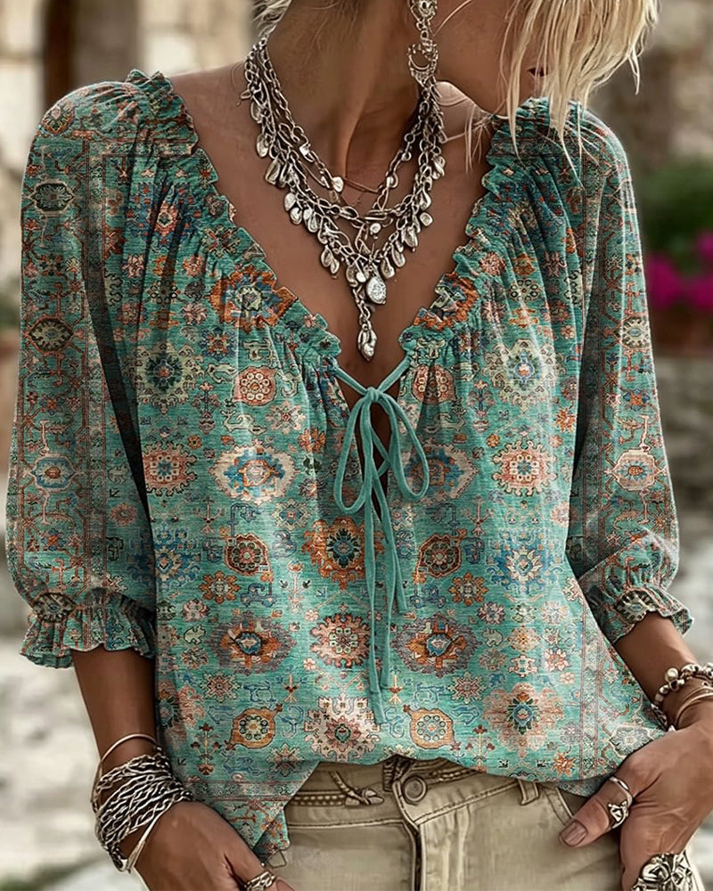 Blusa de escote en V con lazo, estampado vintage