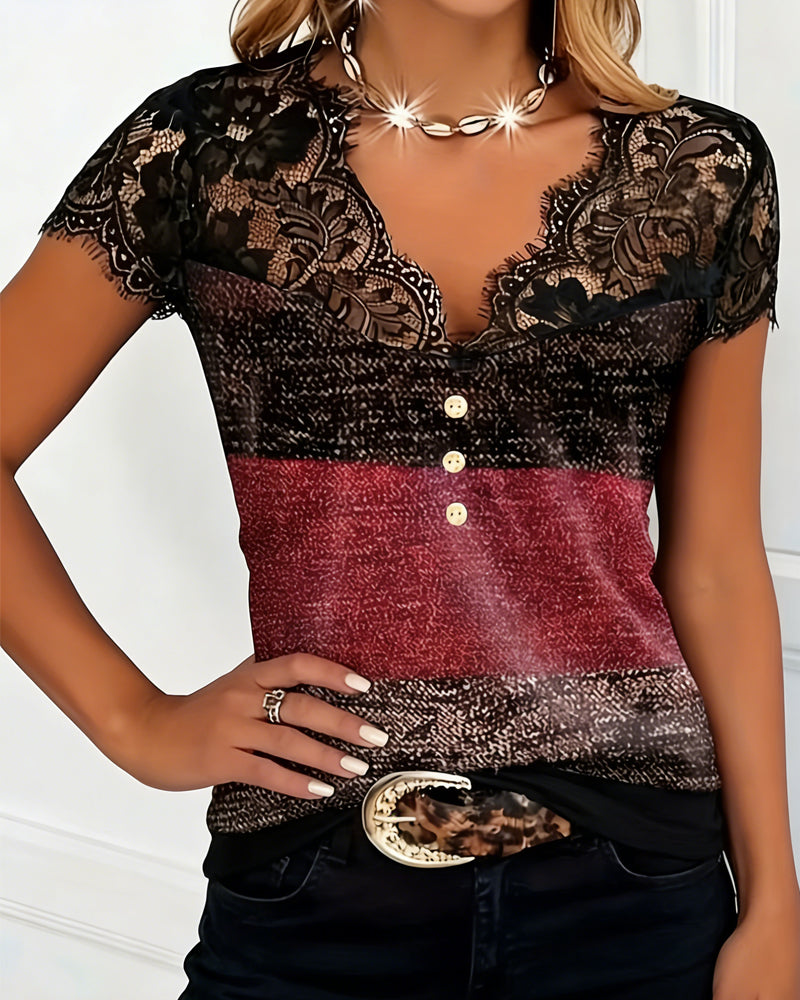 Camiseta de cuello en V con encaje y patchwork de color contrastante