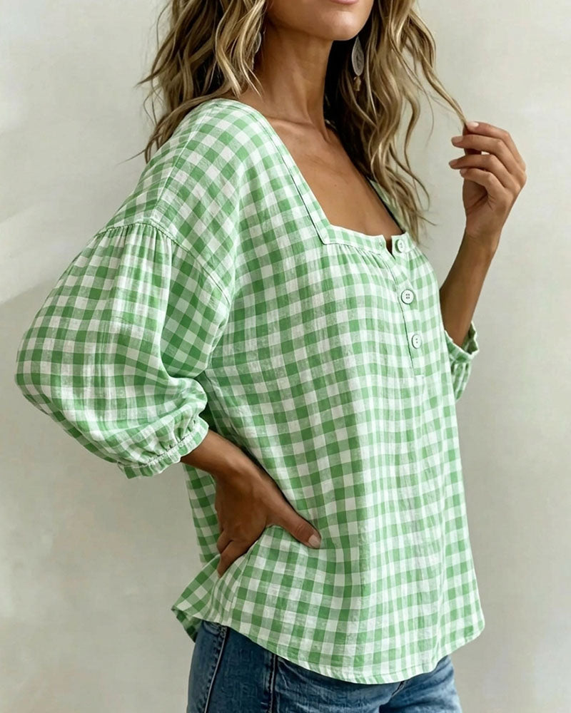 Blusa de cuello cuadrado con botones, estampado escocés