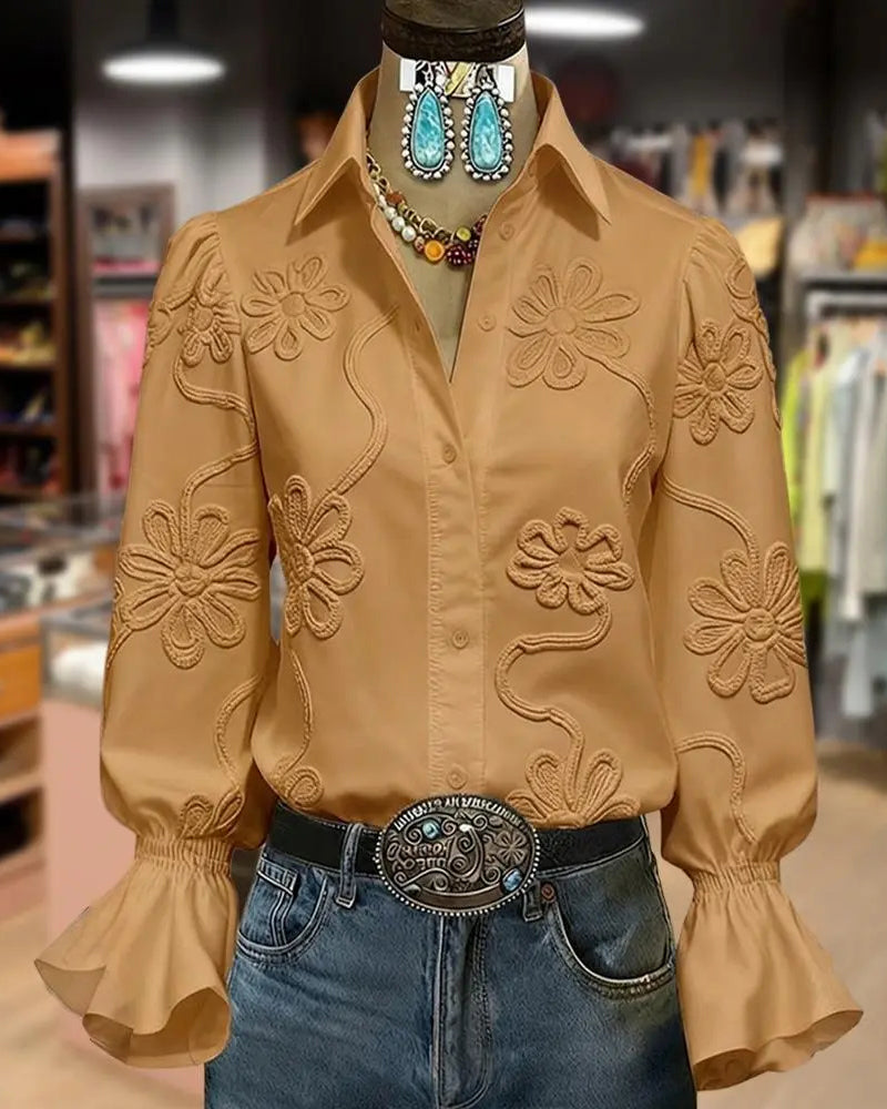 Camisa de flores con manga acampanada y cuello mandarín