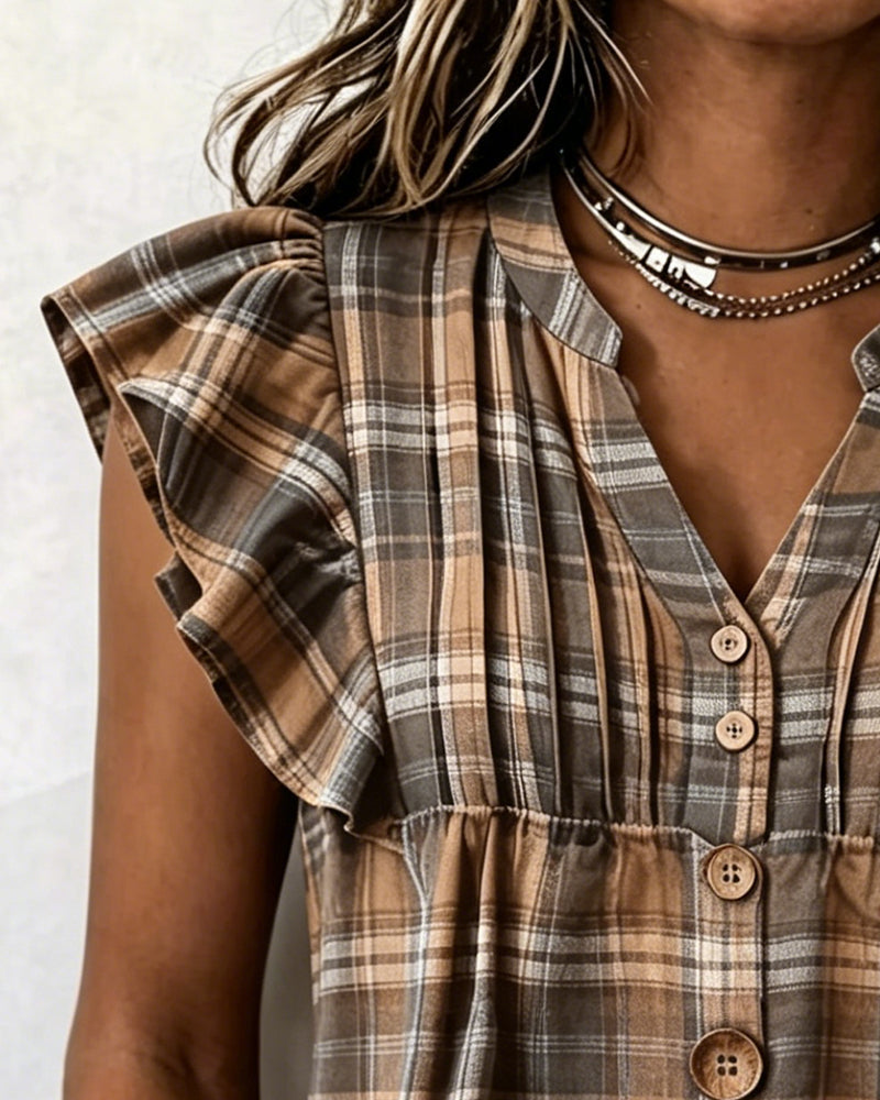 Blusa marrón de cuadros gingham con manga volante