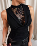Top sin mangas de encaje patchwork con cuello alto