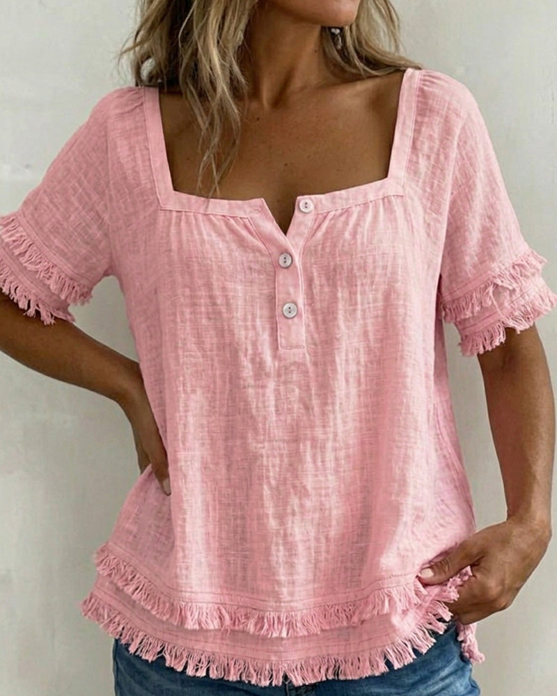 Blusa de cuello cuadrado con media tapeta y flecos