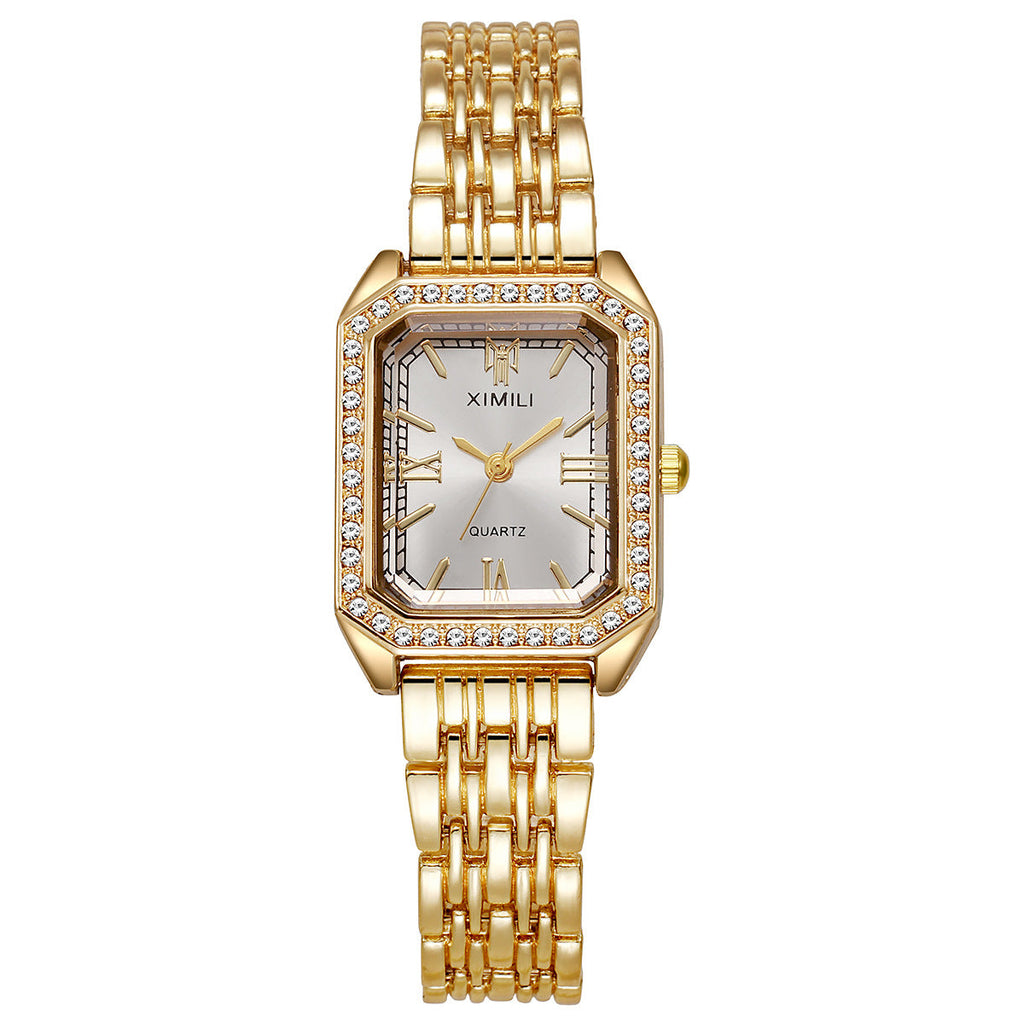 Sparkling Square Gold Watch with Crystal Bezel