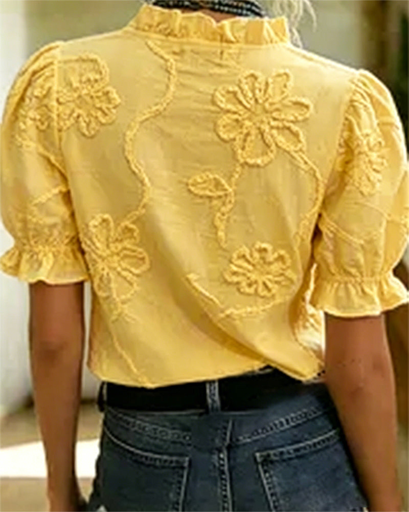 Blusa cuello en V con borde volante y manga abullonada