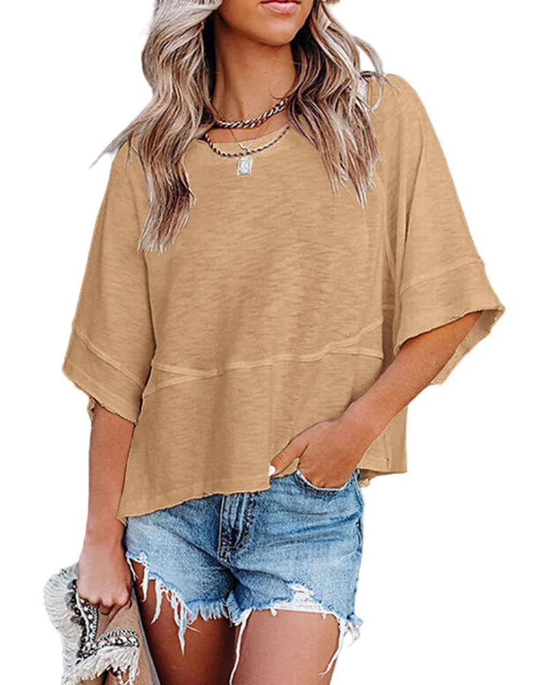 Camiseta sin abertura remendada de color único con manga campana