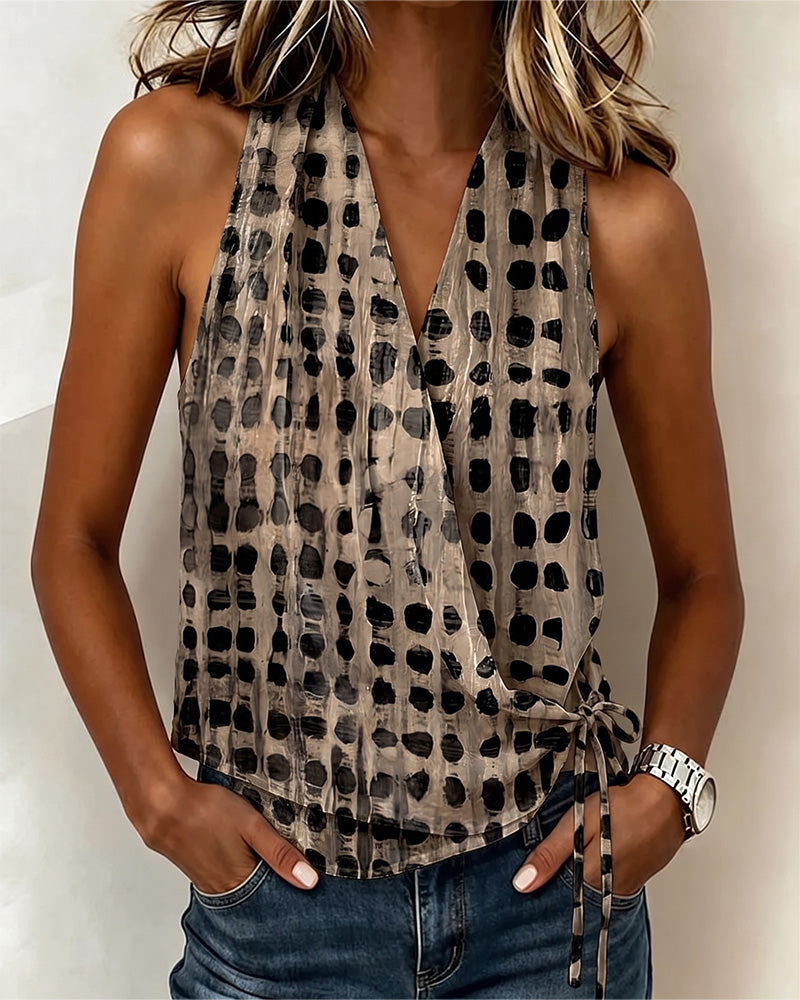 Blusa de escote en V cruzado halter de lunares sin mangas