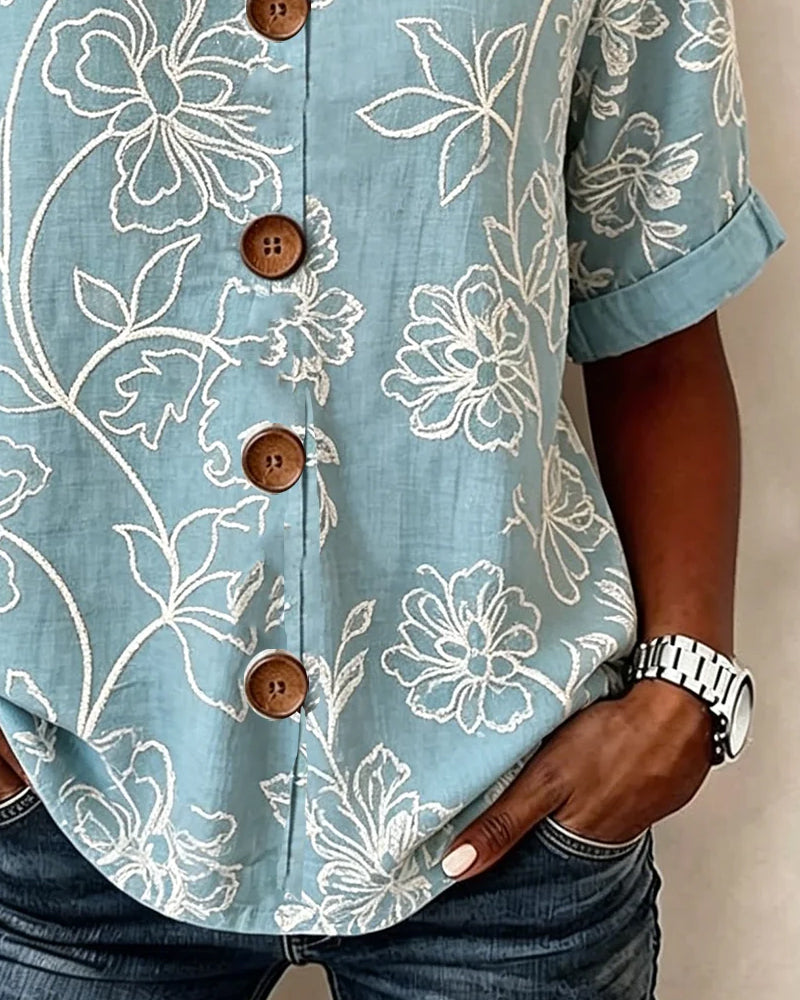 Blusa con escote en V estampado de peonía y botones