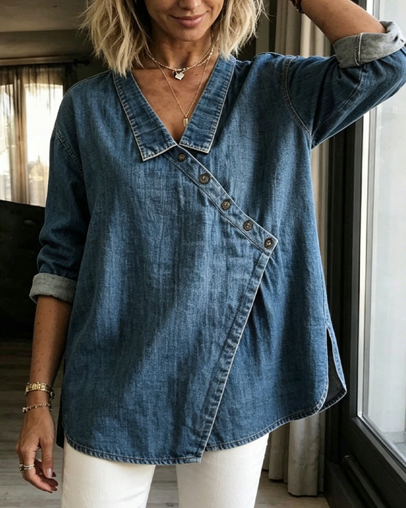 Blusa lisa con botones diagonales, cuello y mangas largas