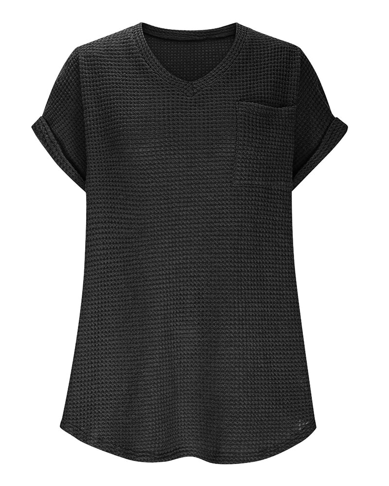 Camiseta para mujer de punto texturizado con escote en V, casual, verano