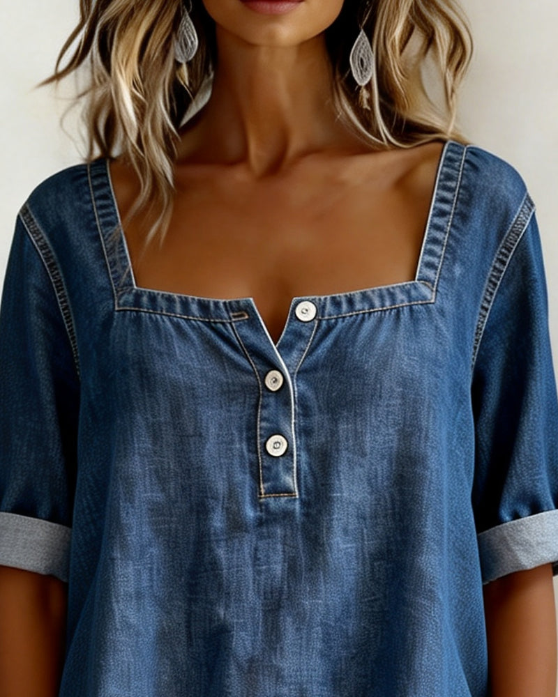 Camisa de denim con cuello cuadrado y manga corta
