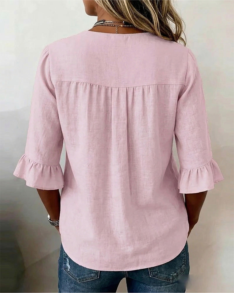 Blusas lisas de algodón-lino con botones de madera y volantes