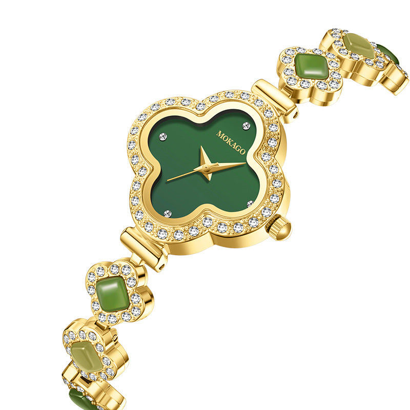 Jade‑Decorated Clover Waterproof Watch
