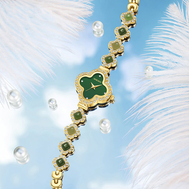 Jade‑Decorated Clover Waterproof Watch