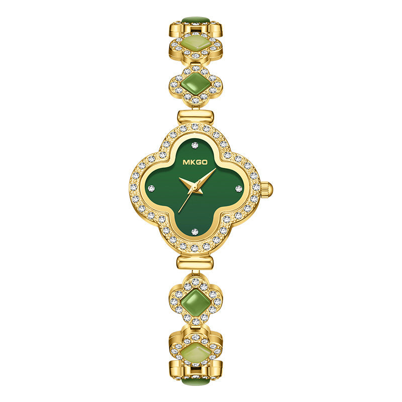 Jade‑Decorated Clover Waterproof Watch