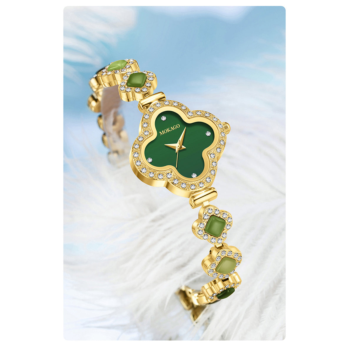 Jade‑Decorated Clover Waterproof Watch