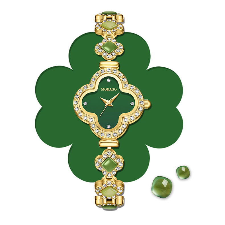 Jade‑Decorated Clover Waterproof Watch