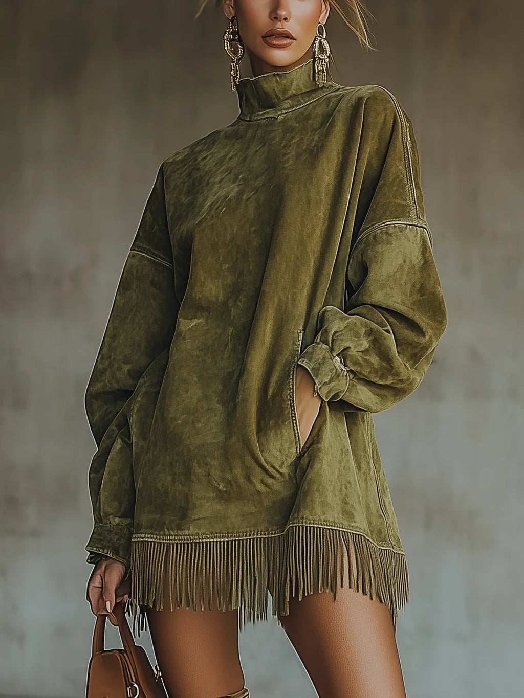 Vestito in scamosciato sintetico con collo alto e orlo a frange