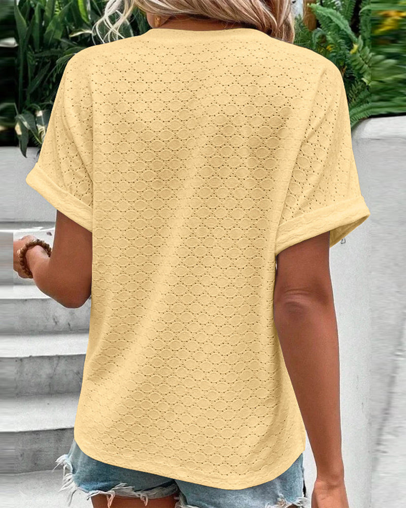 Blusa casual con escote en V de color sólido con botón