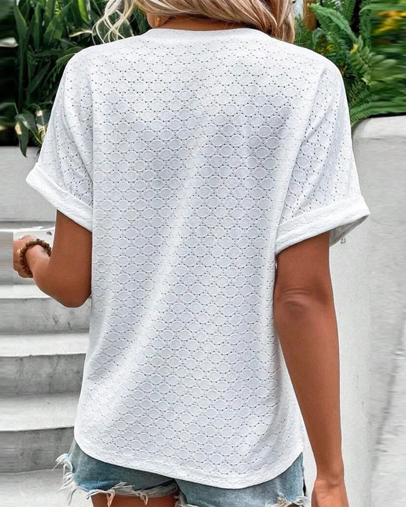 Blusa casual con escote en V de color sólido con botón