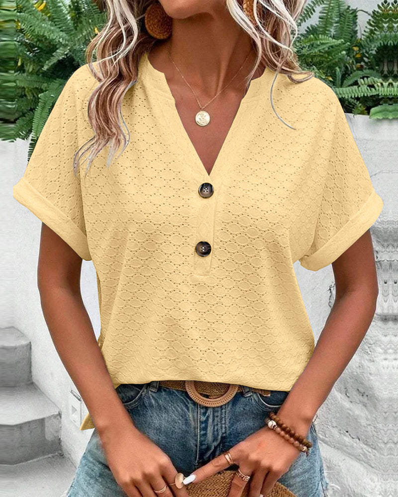 Blusa casual con escote en V de color sólido con botón