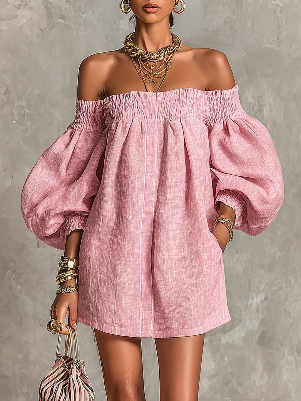 Minidress rosa cipria off-shoulder con maniche a palloncino
