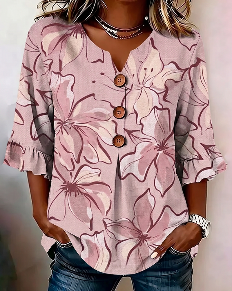 Blusa con escote en V, estampado floral y volante, manga 3/4