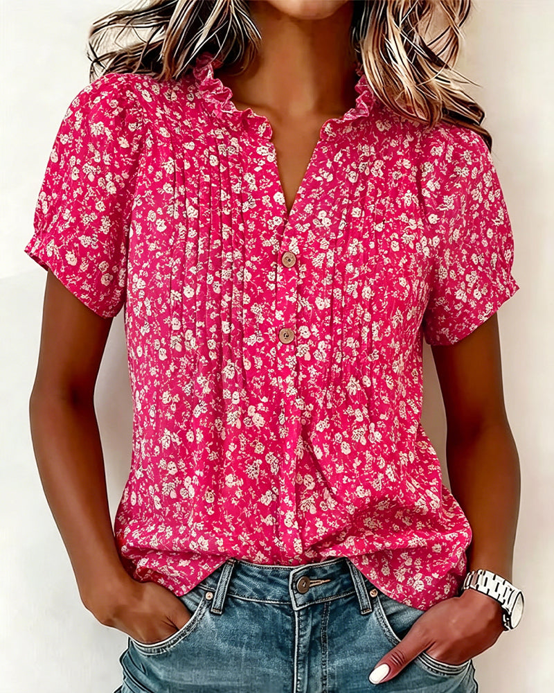 Blusa de escote en V con botones, estampado floral