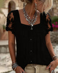 Blusa con escote cuadrado acanalado, encaje y patchwork