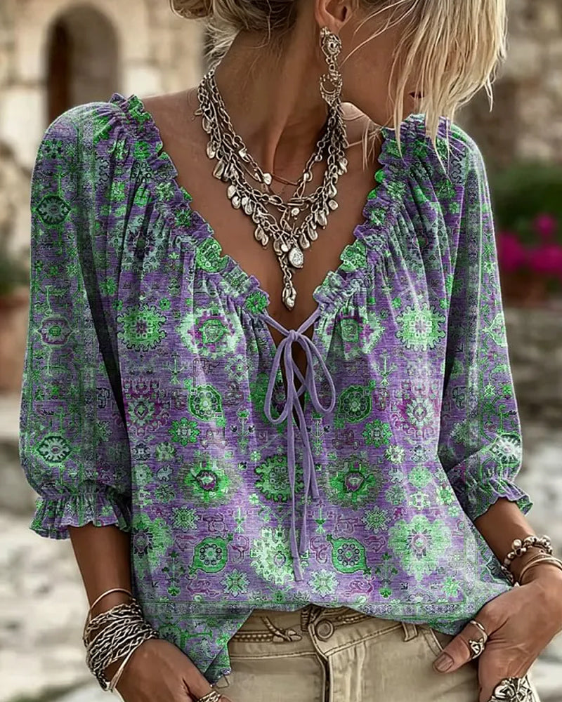 Blusa de escote en V con lazo, estampado vintage