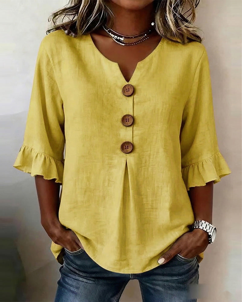 Blusas lisas de algodón-lino con botones de madera y volantes