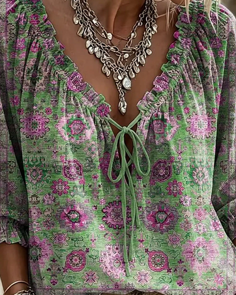 Blusa de escote en V con lazo, estampado vintage