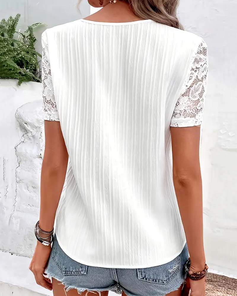 Blusa de escote en V liso con encaje de alta costura