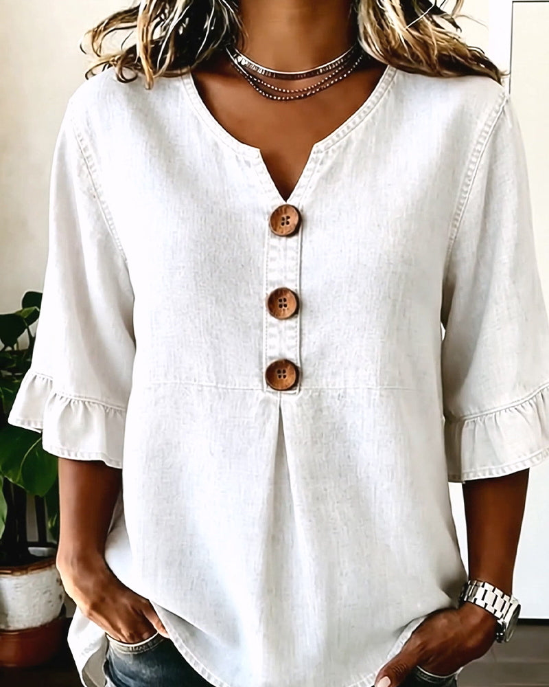 Blusa vaquera de cuello en V con manga acampanada