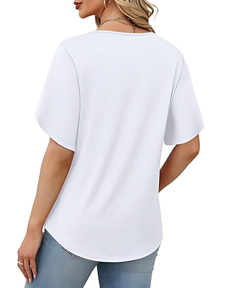 Camiseta de cuello en V, abertura pequeña, mangas cortas, lisa