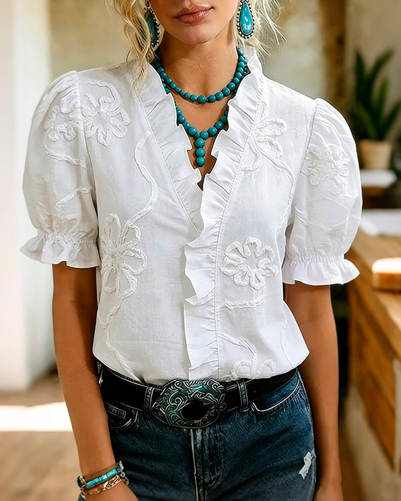 Blusa cuello en V con borde volante y manga abullonada
