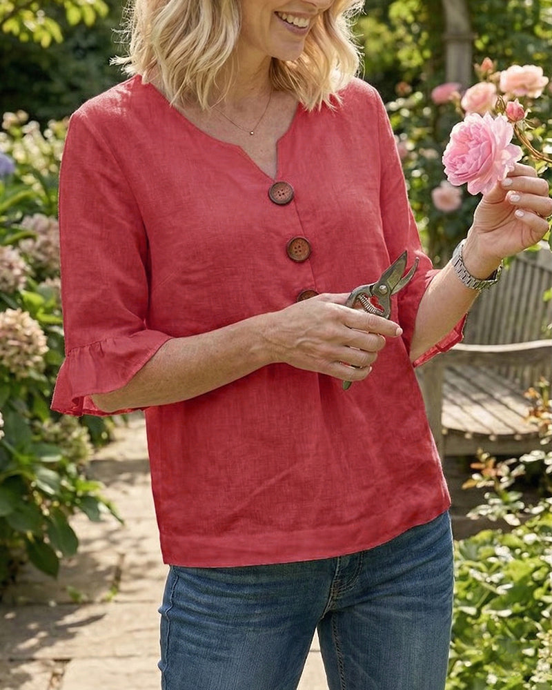 Blusas lisas de algodón-lino con botones de madera y volantes