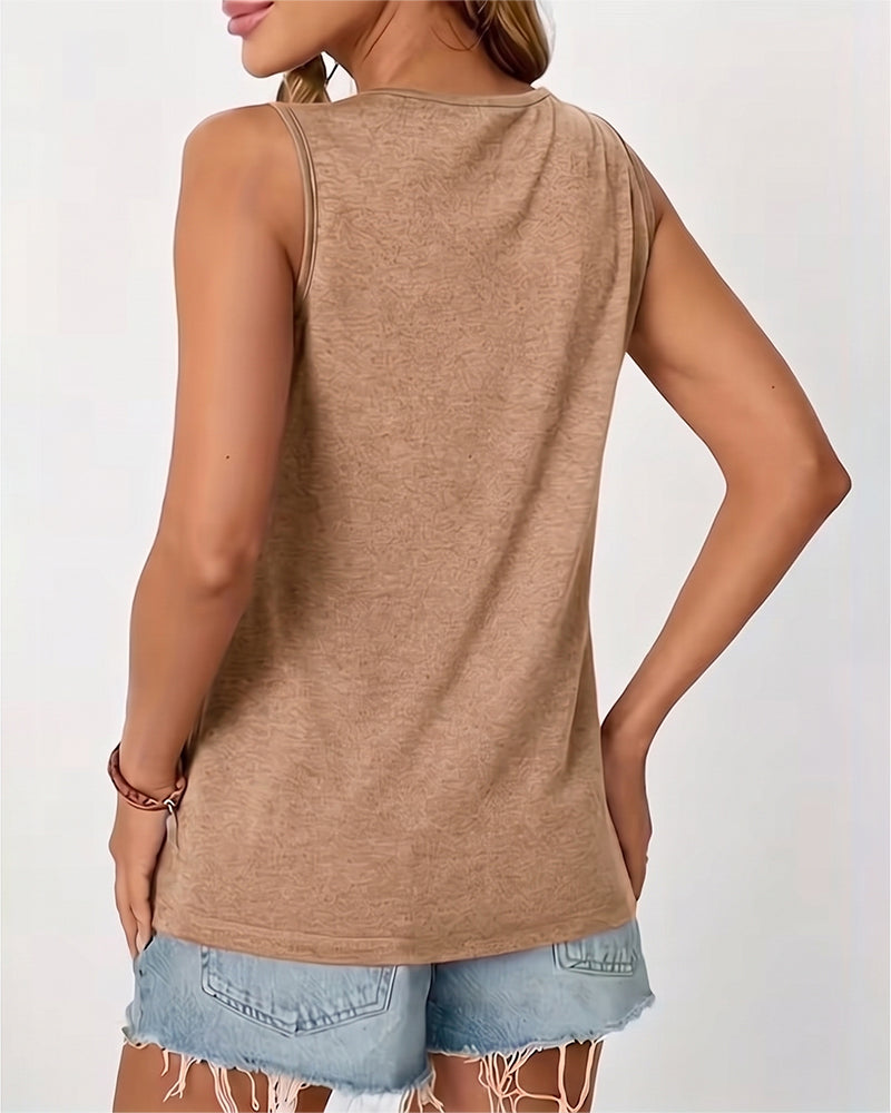 Top sin mangas liso con cuello en U plisado