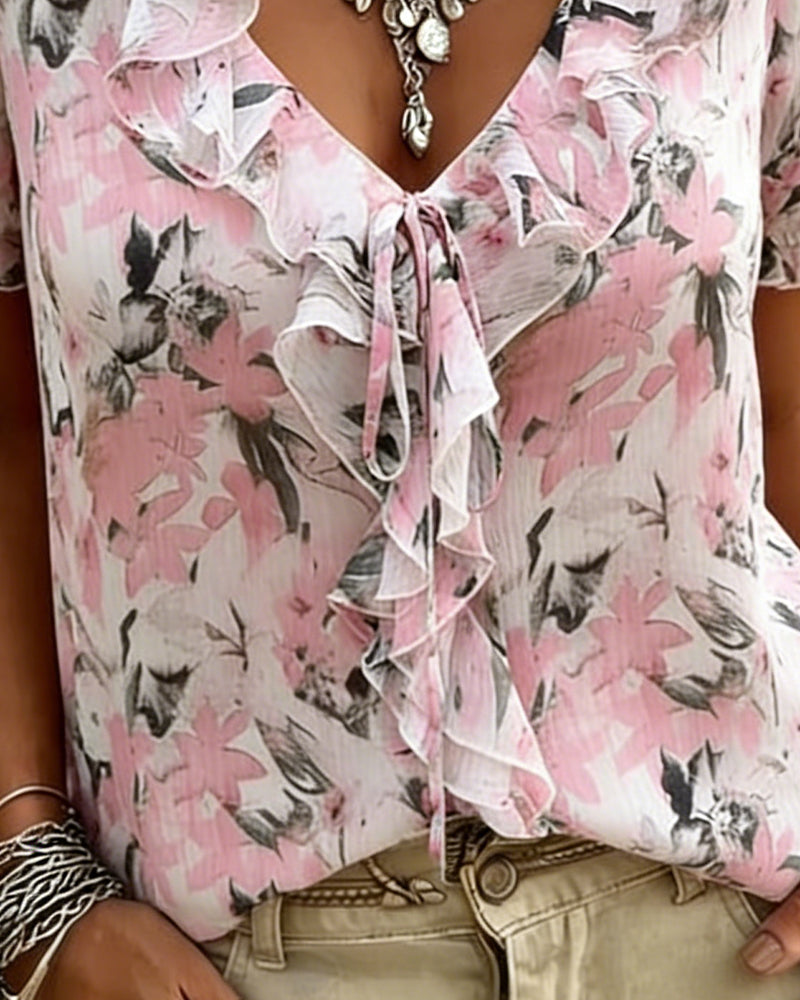 Blusa de escote en V con volante y manga abullonada