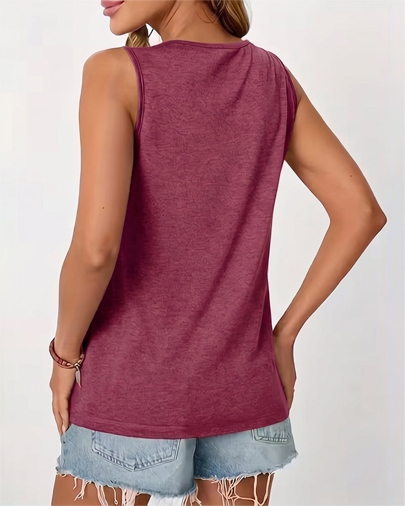 Top sin mangas liso con cuello en U plisado
