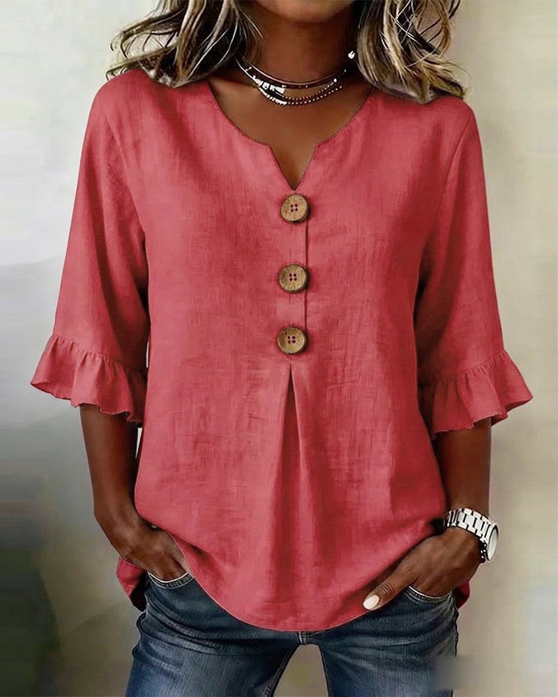 Blusas lisas de algodón-lino con botones de madera y volantes