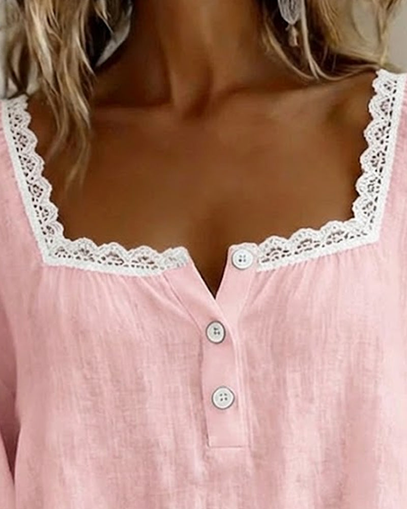 Blusa de cuello cuadrado en encaje con mangas abullonadas