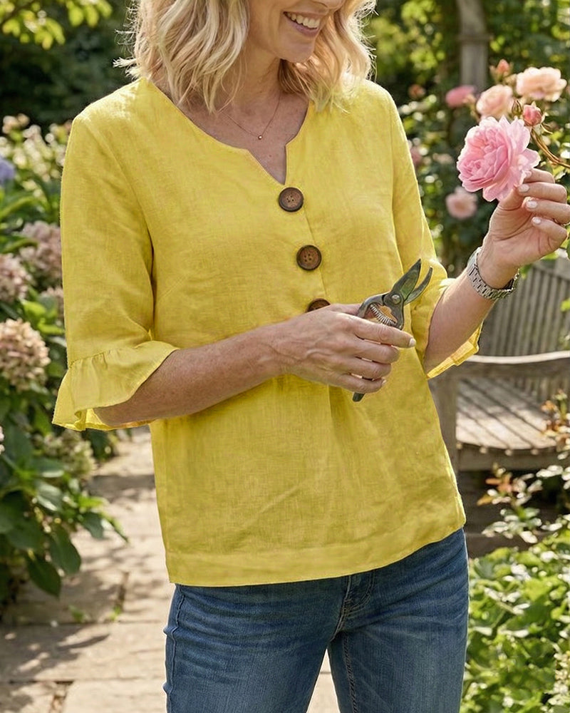 Blusas lisas de algodón-lino con botones de madera y volantes