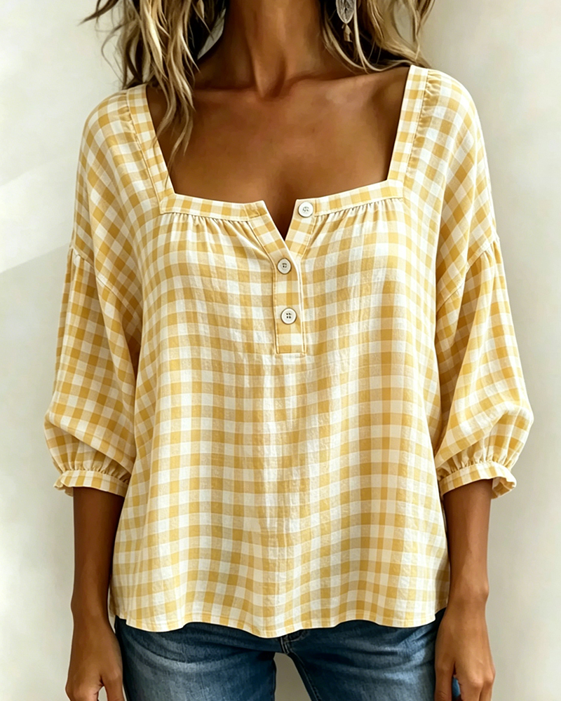 Blusa de cuello cuadrado con botones, estampado escocés